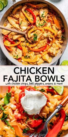 Sizzling chicken fajita bowls are a one-pan dinner with juicy seasoned chicken, peppers, and onions tossed with ranch and served with rice! #chickenfajitabowls #fajitabowls #mexicanbowlrecipe Chicken Fajita Bowl Recipe, Chicken Fahita, Chicken Fajita Rice, Chicken Rice Bowl Recipe, Diethood Recipes, Fajita Bowl Recipe, Chicken Peppers And Onions, Fajitas Chicken, Fajita Rice