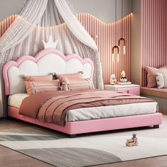 a pink and white bed in a bedroom with curtains on the headboard, two nightstands