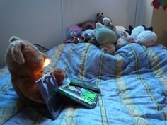 there are many stuffed animals on the bed