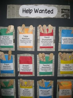 a bulletin board with different types of paper clips attached to it and the words help wanted written on them