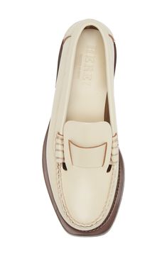 Decorative stitching adds a subtle twist to the toe of this timeless leather loafer finished with a minimalist strap and low heel. Leather upper, lining and sole Made in Spain Classic Cream Slip-on Moccasins, Beige Calf Leather Loafers For Work, Classic Calf Leather Loafers With Low Heel, Classic Cream Leather Shoes With Leather Sole, Classic Low Heel Calf Leather Shoes, Classic Calf Leather Low Heel Shoes, Classic Calf Leather Shoes With Low Heel, Cream Loafers With Flat Heel For Formal Occasions, Formal Cream Loafers With Rubber Sole