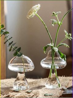 two clear vases with flowers in them on a table