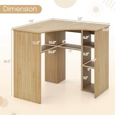 a desk with measurements for the top and bottom section, including one drawered shelf