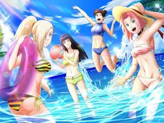 three girls in bathing suits and hats are standing on the beach with their arms around each other