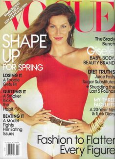 a magazine cover with a woman in red and white dress on the front, wearing gold bracelets