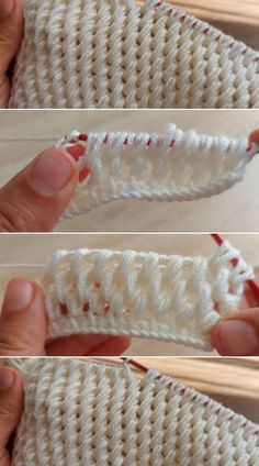 two pictures showing how to crochet the bottom part of a knitted object