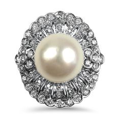 PAGE Estate Ring Estate 18K White Gold Pearl & Diamond Cocktail Ring 7.75 Diamond Cocktail Ring, Diamond Cocktail Rings, Pearl Diamond, The Pearl, Gold Pearl, Cocktail Ring, White Pearl, Cocktail Rings, Bezel Setting