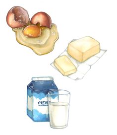 watercolor painting of breakfast items including milk and eggs