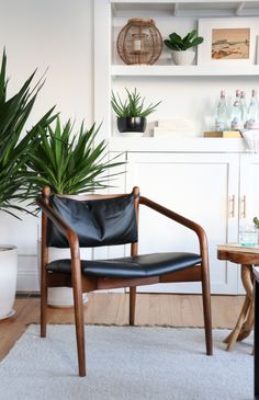 a living room filled with furniture and potted plants on top of a white rug