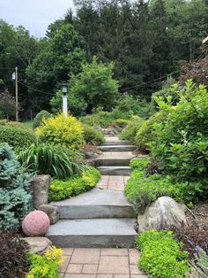 a garden with steps leading up to the trees and bushes on either side of it