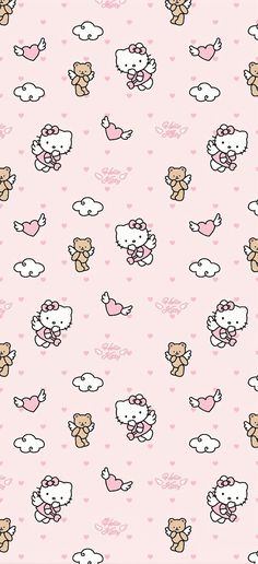 hello kitty wallpaper with pink hearts and teddy bears on the background, all in different colors