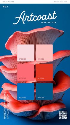 the cover of artcoast magazine, featuring pink mushrooms and blue background with text that reads