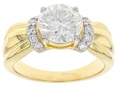 Moissanite Fire(R) 2.90ctw diamond equivalent weight round brilliant 14k yellow gold over silver  ring. Measures approximately 5/16" L x 1/8" W and is not sizeable. White rhodium settings. Actual moissanite weight is 2.46ctw. Gold Moissanite Diamond Ring With Accent Stones, Yellow Gold Cubic Zirconia Diamond Ring With Accent Stones, Gold Diamond Ring With Round Accent Stones, Gold Wedding Ring Sets, Gold Wedding Ring, Yellow Gold Engagement Rings, Wide Bands, Wedding Ring Sets, Round Brilliant