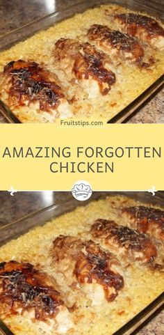 an image of chicken cooking in the oven with text overlay that reads amazing forgotten chicken