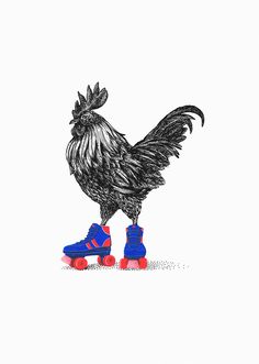 a drawing of a rooster with blue shoes