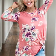 This Brand New Lightweight Pink Floral Top Is Perfect For Spring! Knotted Detail On The Front And Just The Right Amount Of Stretch. New In Original Packaging. Floral Print 3/4 Sleeve Top For Brunch, Floral Print Tops With 3/4 Sleeve For Brunch, Floral Print Tops With 3/4 Sleeves For Day Out, Pink Floral Print Tops With 3/4 Sleeves, Pink Floral Print Top With 3/4 Sleeves, New Style Tops, Pink Floral Top, Turtleneck T Shirt, Club Tops