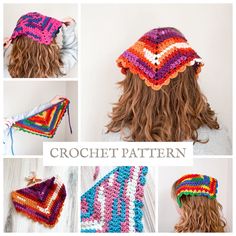 the crochet hat is made with multicolored yarn and features a large triangle