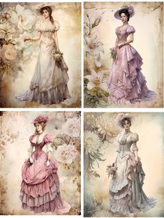 four different pictures of women in dresses and hats with flowers on the wall behind them