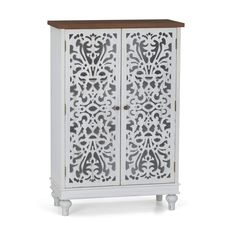 a white cabinet with an intricate design on the front and side doors, it has a wooden