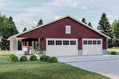 a two car garage with an attached porch and dining area on the other side is shown