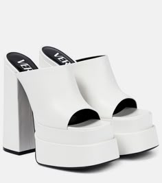 Leather platform mules in white - Versace | Mytheresa Versace Heels, Versace Sandals, Versace Leather, Heels Aesthetic, Cute Shoes Heels, White High Heels, Versace Shoes, Platform Mules, Footwear Design Women