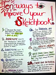 a white board with writing on it that says ten ways to improve your sketchbook