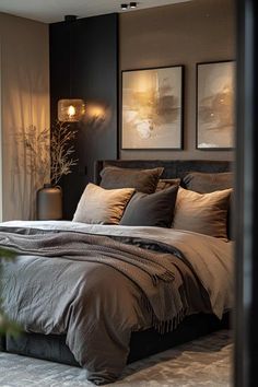 #BEAUTY, #RELATIONSHIPS #Fashion #Animals #Outfits #Winter Outfits #Animals Dark Neutral Color Palette Bedroom, Bedroom Ideas For Small Rooms Dark Wood, Dark And Neutral Bedroom, Stylish House Design, Dark Walls Light Bedding, Black Brown Bedding, Bedroom Decor Black Wall, Neutral Bedroom With Black Accents Modern, Bedroom Ideas Tall Ceiling