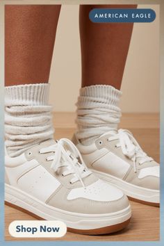 Lace-up upper/Colorblock details Cream Sneakers For Fall, Trendy White Sneakers For Fall, Platform Sneaker, Cool Stuff, The Cool, Casual Fits, Womens Shoes Sneakers, Top Sneakers, American Eagle Outfitters