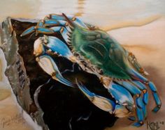 a painting of a blue crab sitting on top of a piece of rock in the sand