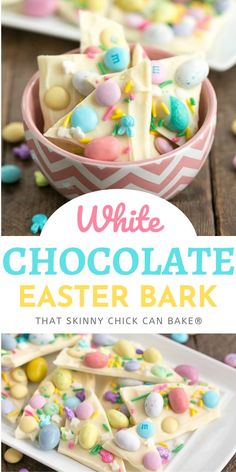 white chocolate easter bark with colorful candies in the background and text overlay that reads, white chocolate easter bark