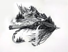 a drawing of a bird flying over a mountain