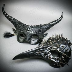 Black Raven Bird Nose Spike Mask w/ Long Horns Elegant Devil Eye Mask w/ Black Feather Earring | Halloween Masquerade Costume Party Mask Set Step into the enchanting world of masquerade with our Steampunk Masquerade Couple Party Mask Set, designed to elevate your celebrations and events to new heights of elegance and mystery. This exquisite set includes two beautifully crafted masks, each exuding its own unique charm and allure. With intricate details and a perfect blend of sophistication and whimsy, these masks are sure to catch the eye of everyone at the masquerade ball, music festival, night party, or Halloween costume event. Designed for both men and women, these masks are made from high-quality materials and handcrafted then spray painted and coated for ensuring comfort and durability Dragon Masquerade Mask, Goth Masquerade, Halloween Masquerade Costume, Masquerade Couple, Steampunk Masquerade, Long Horns, Raven Bird, Black Raven, Party Mask