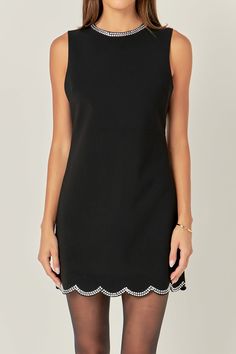 Elevate your look with our Scallop Hotfix Mini Dress. This stunning sleeveless dress features a round neckline and delicate scallop detailing at the bottom opening. The neckline and bottom opening are adorned with eye-catching hotfix accents adding a touch of glamour to this must-have piece. Perfect for a night out or a special event this dress is sure to turn heads and make you feel confident and stylish. Made with high-quality materials it offers both comfort and style. Complete your wardrobe Ivy Clothing, Knitwear Trends, Summer Style Guide, Strapless Bodycon Dress, English Factory, Casual Party Dresses, Tweed Dress, Fashion Night, Pink Midi Dress