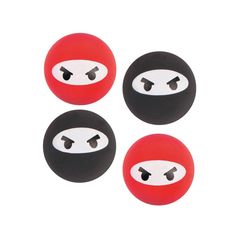 four black and red balls with holes in the middle one has two eyes on each side