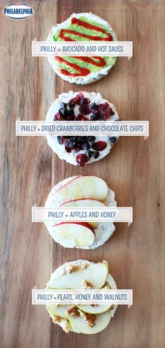 four different types of sandwiches on top of a wooden table with the words, what's in them?