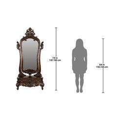 an ornate wooden mirror with measurements for the size and shape, along with a woman's shadow