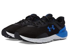 Under Armour Charged Escape 4 - Men's Shoes : Black/Black/Versa Blue : Look sporty and stay comfortable wearing the Under Armour Charged Escape 4 Shoes. Textile and synthetic upper. Textile lining and insole. Traditional lace-up closure. Round toe silhouette. Molded comfort collar and external heel counter for additional support. TPU midsole shank for added stability support. Synthetic outsole. Imported. Measurements: Weight: 10 oz Product measurements were taken using size 9, width D - Medium. Sporty Ergonomic Lace-up Trail Running Shoes, Dynamic Synthetic Lace-up Trail Running Shoes, Sporty Running Shoes With Ortholite Insole For Jogging, Casual Lace-up Running Shoes With Comfort, Casual Ergonomic Lace-up Running Shoes, Black Trail Running Shoes For Light Sports, Sporty Under Armour Walking Shoes For Light Sports, Athleisure High-top Walking Shoes With Ortholite Insole, Athletic Fit Lace-up Walking Shoes With Ortholite Insole