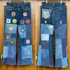 Vintage 1960's Levi's 517 Single Stitch Hippie Peace Patchwork Denim Flare Jeans Pants. No Tag Size. Please check the measurements below.  Good vintage condition.   Some general fading. (see photos) The label is  "Levi's".  Original 1970's.  Patchwork Levi's 517 flared jeans with hippie/trucker patches.   All Sales Final.   Please ask any questions before purchase.   Take a look at our Store for more Vintage Clothing - VintageOnHollywood.   MEASUREMENTS Waist: 34" Inseam: 33" Full Outer Length: Retro Denim Patchwork Pants, Retro Patchwork Denim Pants, Retro Wide Leg Patchwork Jeans, Retro Denim Blue Patchwork Bottoms, Vintage Wide Leg Patchwork Pants, Retro Medium Wash Patchwork Bottoms, Retro Patchwork Medium Wash Bottoms, Vintage Dark Wash Bottoms With Patch Pockets, Vintage Straight Leg Patchwork Bottoms