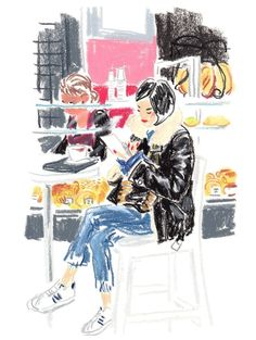 a drawing of a woman sitting on a stool in front of a counter with food