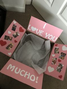 i love you much card box with pictures and hearts on the inside, in front of a door