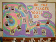 a bulletin board with pictures on it that says oh the places you'll go