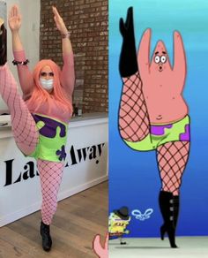 a woman in fishnet stockings and tights standing next to a cartoon character with pink hair