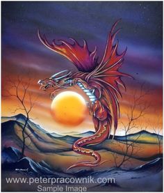 a painting of a dragon with the sun in the background