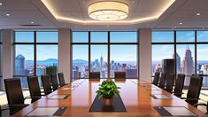 an empty conference room with large windows overlooking the city