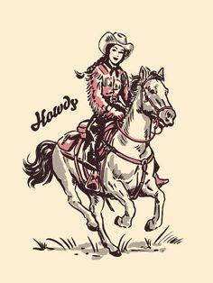 a drawing of a woman riding on the back of a white horse wearing a cowboy hat