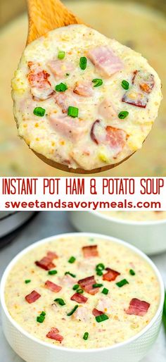 instant pot ham and potato soup in a white bowl with a wooden spoon