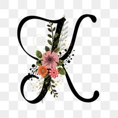 the letter k is decorated with flowers and leaves, font, alphabet, flower png and psd