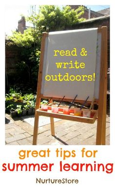 a sign that says read & write outdoorss great tips for summer learning with pictures