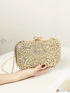 Bird in Bag - Elegant Rhinestone Embellished Clutch Bag Featuring Metal Chain Strap - Ideal for Weddings, Banquets, and Parties Diamond Clutch, Bridal Events, Embellished Clutch, Rhinestone Clutch, Buckle Bags, Bag Elegant, Gold Bag, Bridal Event, Evening Handbag