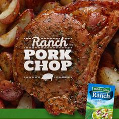 an advertisement for ranch pork chop with potatoes and meat in the foreground, on a green background